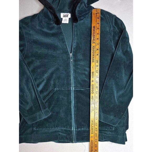 Vtg Lucia Womens Velour Hooded Tracksuit Set Faux Fur Hunter Green Y2K - Picture 2 of 11